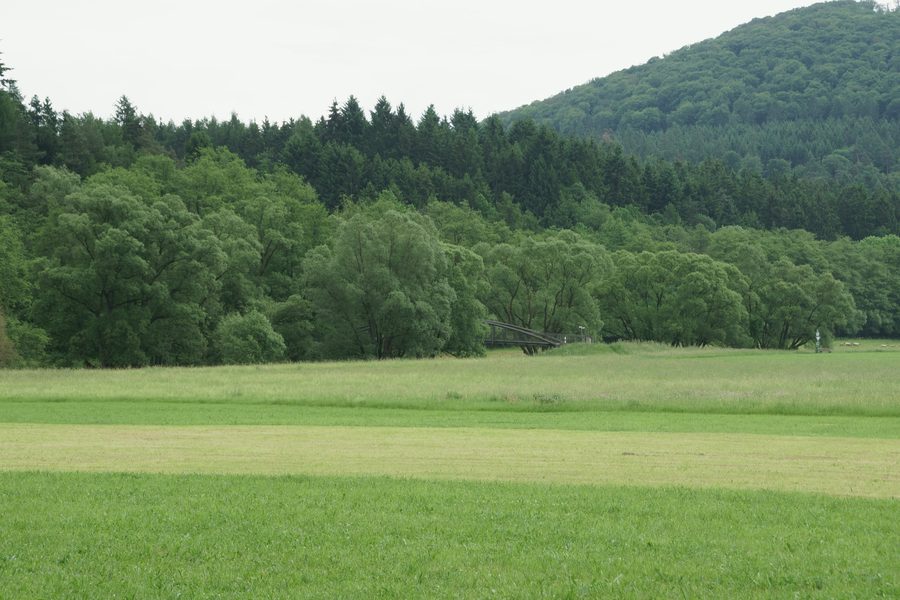 Blick auf das Ederknie mit Brücke und Naturschutzgebietsschildern