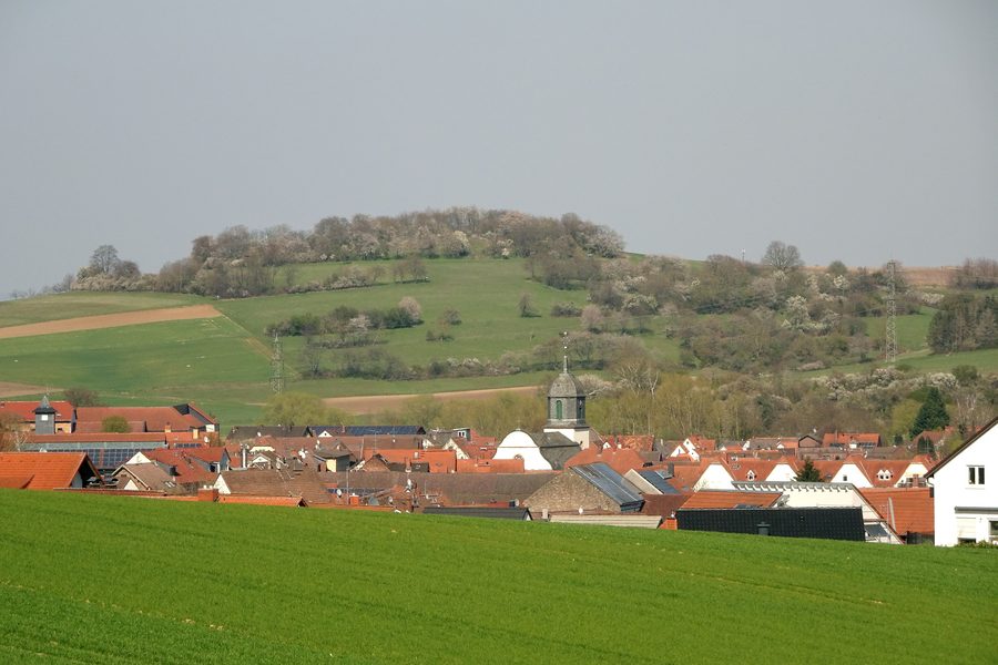 Blick auf Groß-Bieberau und das Naturschutzgebiet Forstberg von Ueberau mit blühenden Obstbäumen