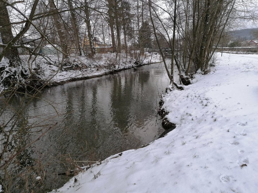 Die Kinzig südlich der Altstadt von Schlüchtern, Blick flussabwärts nach Südwesten