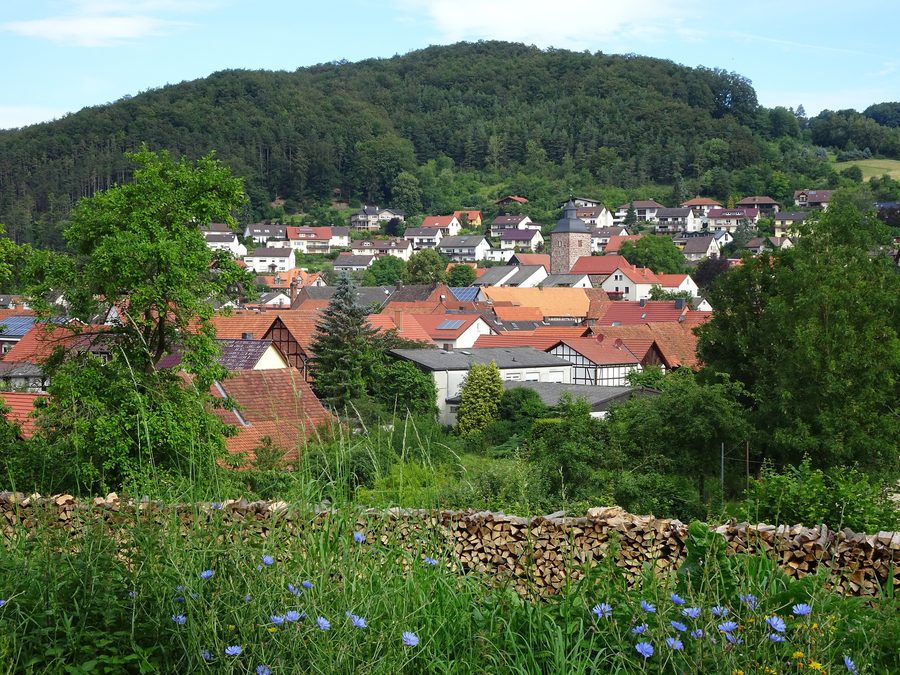 Blick auf den Ortskern von Datterode mit der erhöht gelegenen Kirche