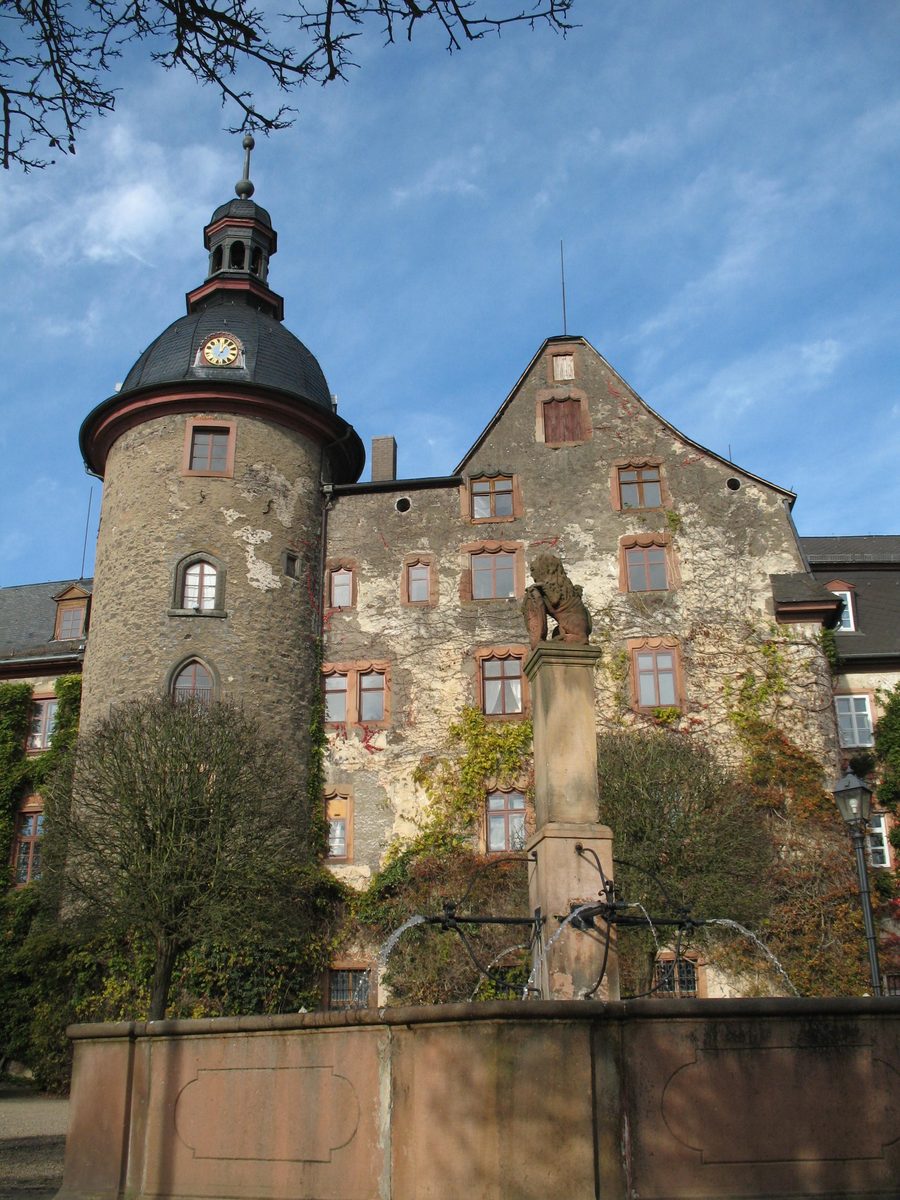 Fountain and castle in Laubach, Hesse, Germany