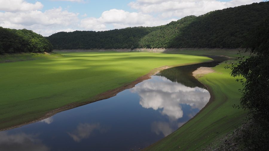 Die Eder bei Asel im Naturpark Kellerwald-Edersee bei niedrigem Wasserstand des Ederstausees