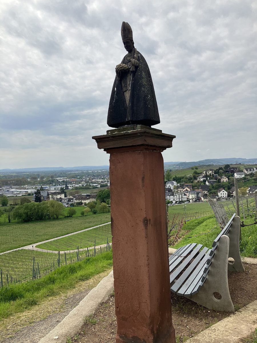 Steinerne Bischofsstatue mit Blick über die Weinberge am Schloss Johannisberg in Geisenheim