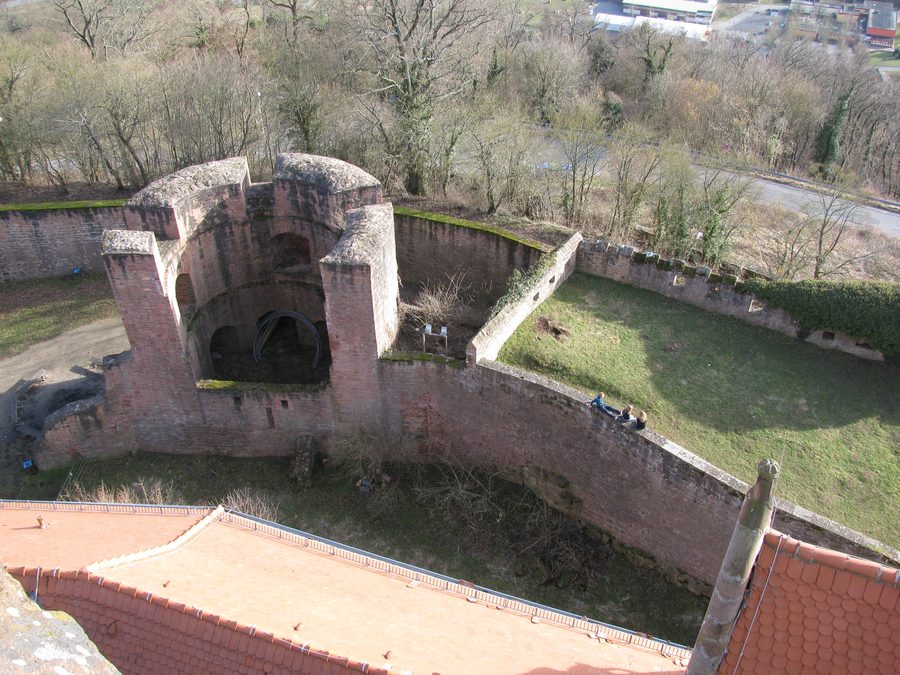 Castle Breuberg in the Odenwald mountains in Hesse, Germany, viewed from the Bergfried tower toward the Wilhelmsturm artillery tower.